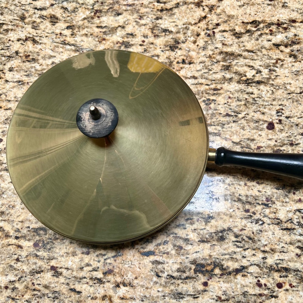 Vintage Brass Gold Tone‎ 10.5" Skillet Lid Black Handle Mid Century Modern Pan